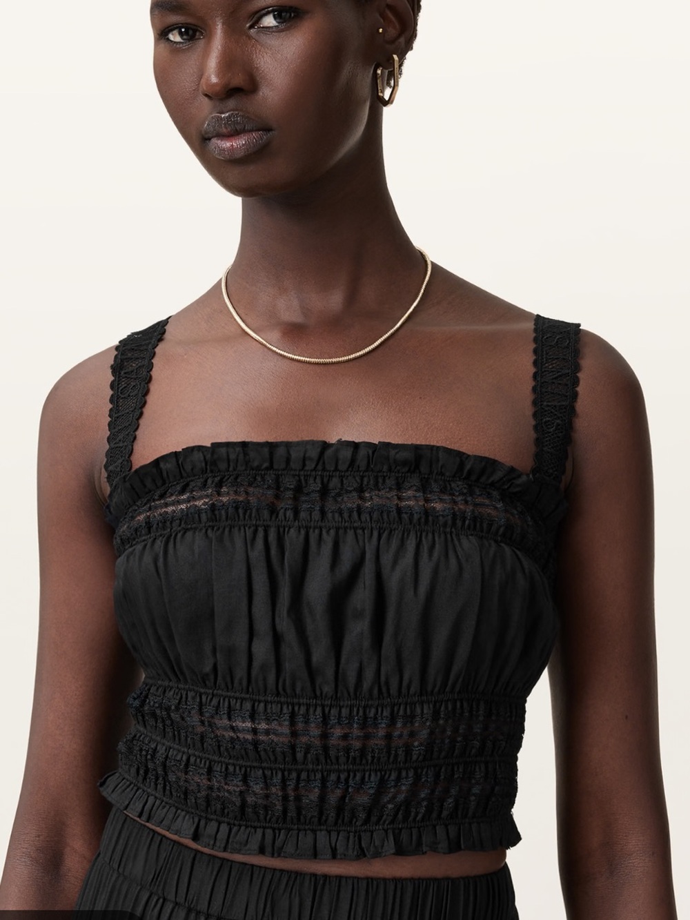 All Saints Black Smocked Lace-Trim Crop Top